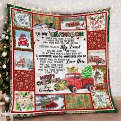 To My Grandson. Red Truck Christmas Quilt Blanket Geembi™