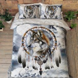 Wolf Quilt Bedding Set, Native American Wolf Howling Dreamcatcher QNK779QSv2