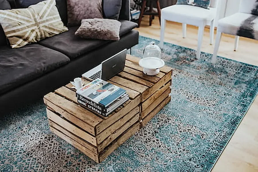 DIY table with blue rug 