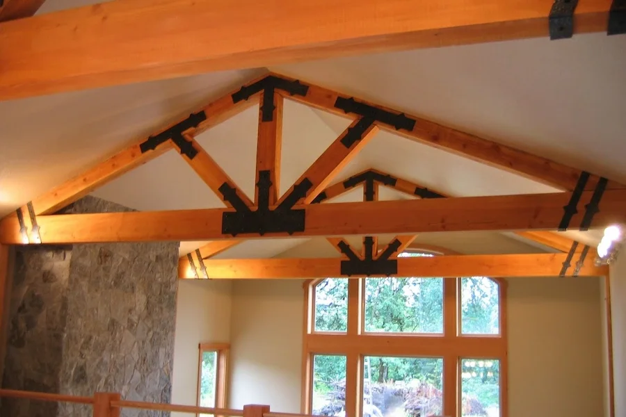 Exposed wooden beams with metal brackets
