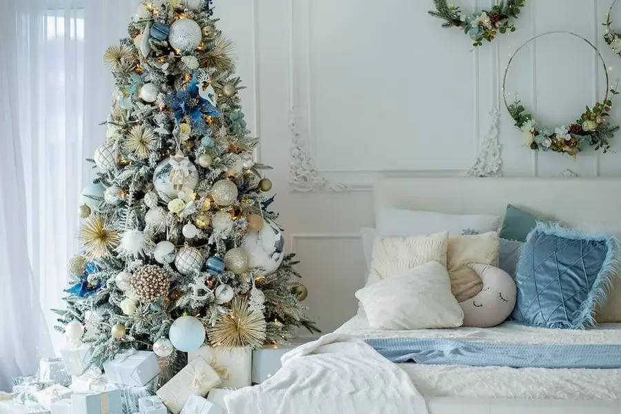 white and blue cozy bedroom decor