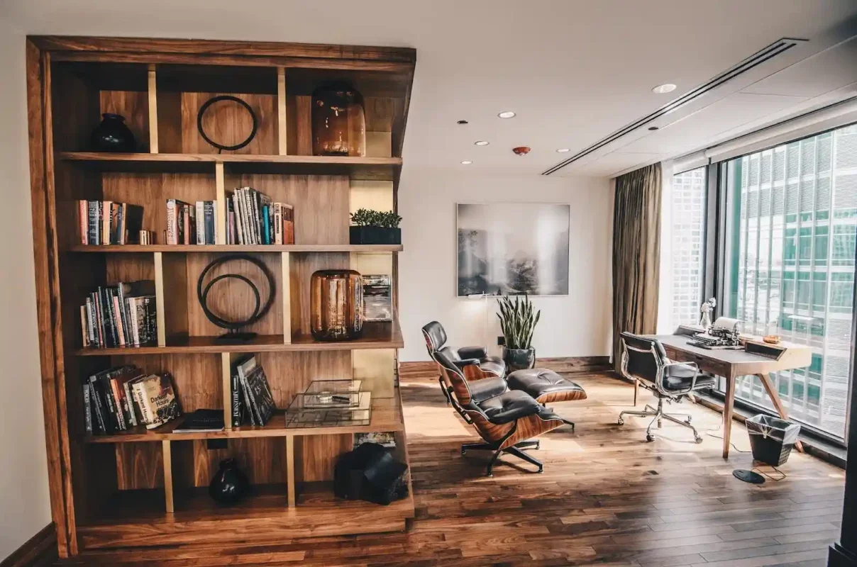 built in bookshelves in a wooden office