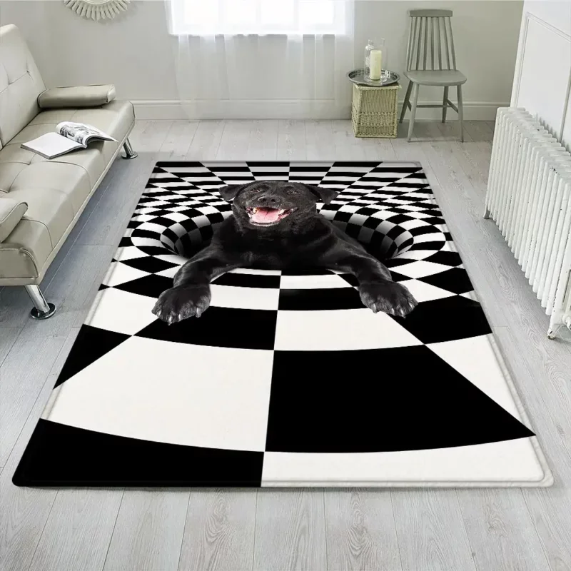 optical illusion checkered rug with a black labrador