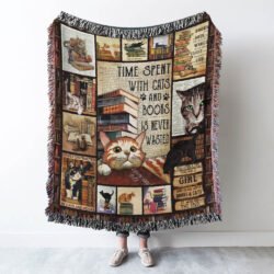Love Reading. Cats And Books Woven Blanket Tapestry THH3489WB