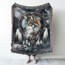 Wolf Native American Woven Blanket Tapestry, Wolf In  Dreamcatcher, Native Wolf Spirit QNK779WB