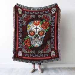 Skull Rose. Sugar Skull Christian Cross Woven Blanket Tapestry TPT235WB