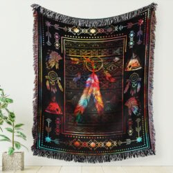 Native Feather. Color Feather Dream Catcher. Native American Woven Blanket Tapestry THH2589WBv1
