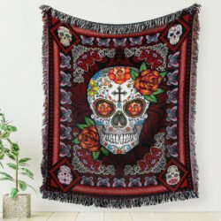 Skull Rose. Sugar Skull Christian Cross Woven Blanket Tapestry TPT235WB