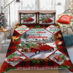 All Roads Lead Home For Christmas Red Truck Rug Quilt Bedding Set BNN666QS